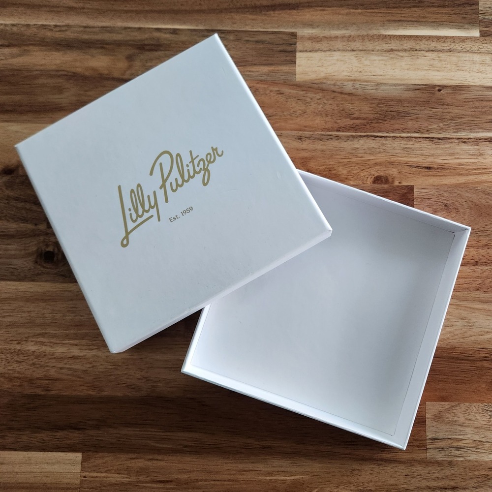 Lilly Pulitzer White Gold Foil Logo Square Gift Box 6.75x6.75x1.25 Accessory Box